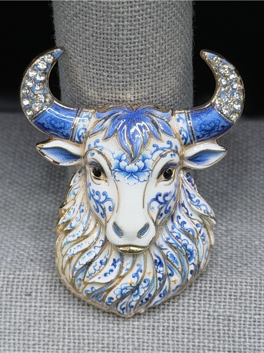 Bull Head Taurus blue & white brooch